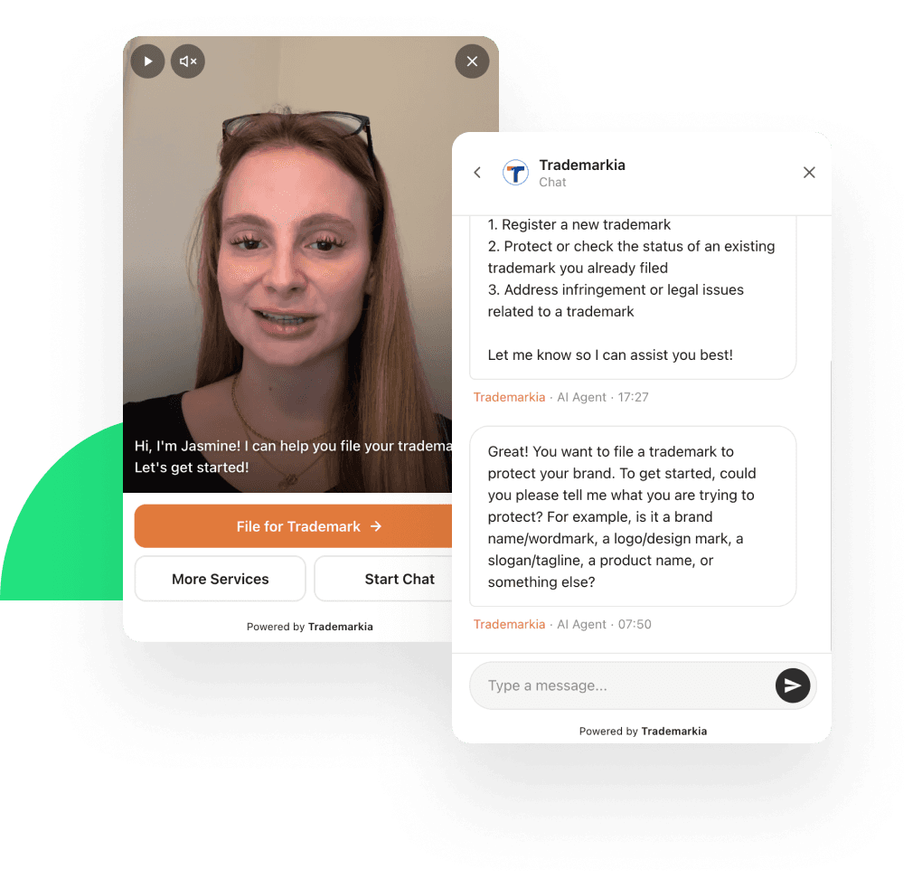 Video welcome and AI chat mockup showing Trademarkia branding